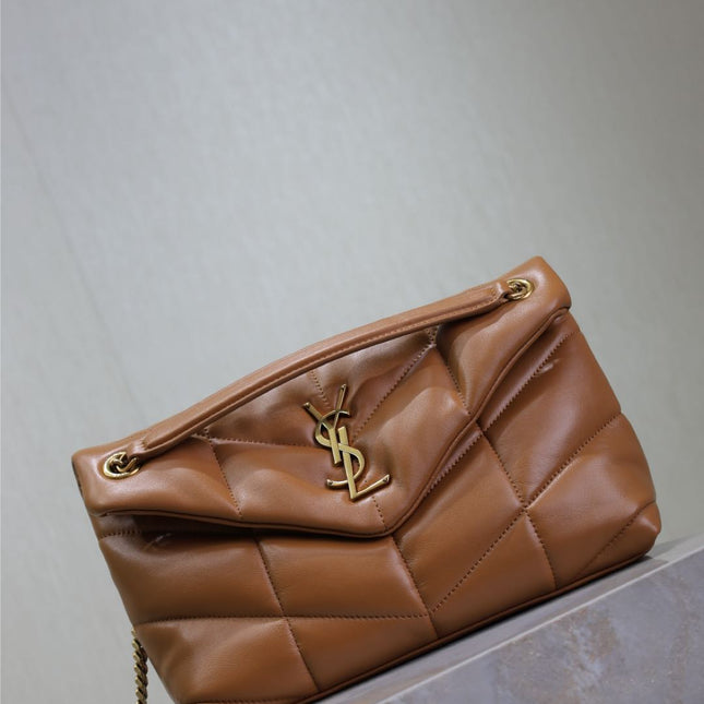 YSL 25S LOULOU PUFFER MM 29 IN CARAMEL CALFSKIN GOLD HARDWRE