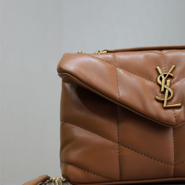 YSL 25S LOULOU PUFFER MINI 23 IN CARAMEL CALFSKIN GOLD HARDWRE