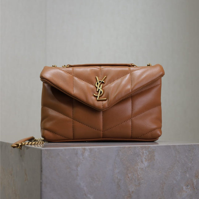 YSL 25S LOULOU PUFFER MINI 23 IN CARAMEL CALFSKIN GOLD HARDWRE