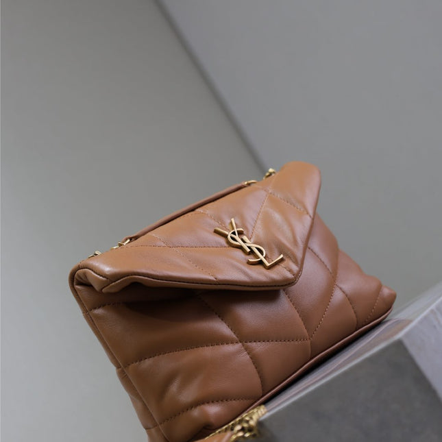 YSL 25S LOULOU PUFFER MINI 23 IN CARAMEL CALFSKIN GOLD HARDWRE