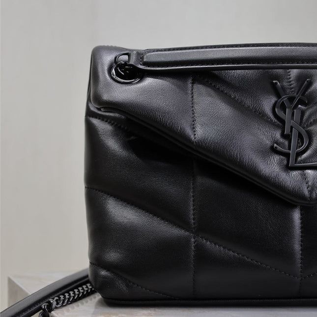YSL 25S LOULOU PUFFER MM 29 IN BLACK CALFSKIN BLACK HARDWRE