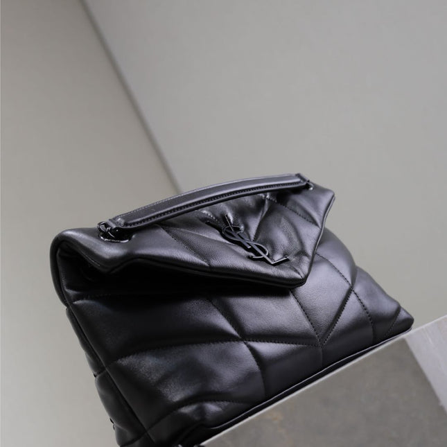 YSL 25S LOULOU PUFFER MM 29 IN BLACK CALFSKIN BLACK HARDWRE