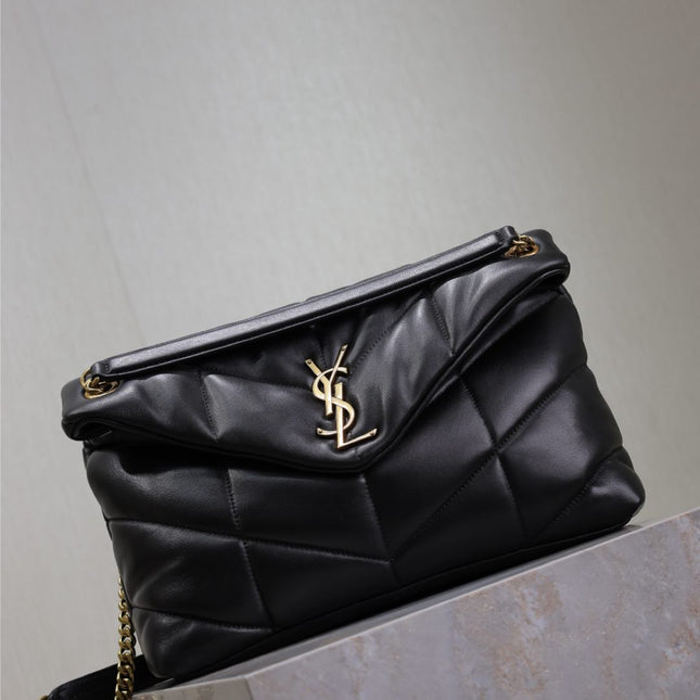 YSL 25S LOULOU PUFFER GM 35 IN BLACK CALFSKIN GOLD HARDWRE