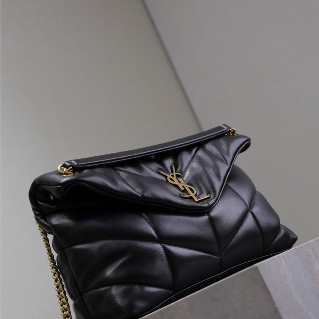 YSL 25S LOULOU PUFFER GM 35 IN BLACK CALFSKIN GOLD HARDWRE
