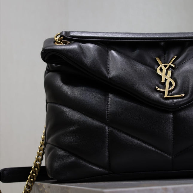 YSL 25S LOULOU PUFFER GM 35 IN BLACK CALFSKIN GOLD HARDWRE