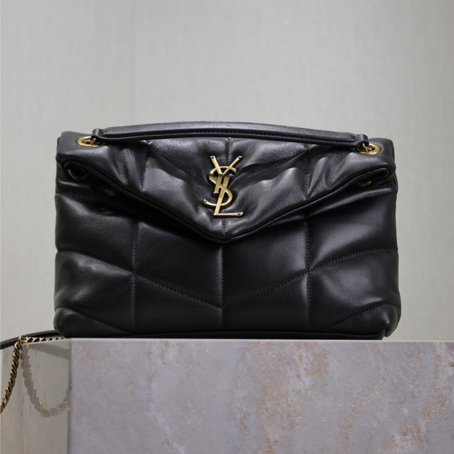 YSL 25S LOULOU PUFFER MM 29 IN BLACK CALFSKIN GOLD HARDWRE