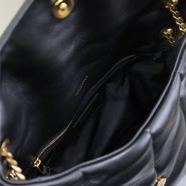 YSL 25S LOULOU PUFFER MM 29 IN BLACK CALFSKIN GOLD HARDWRE