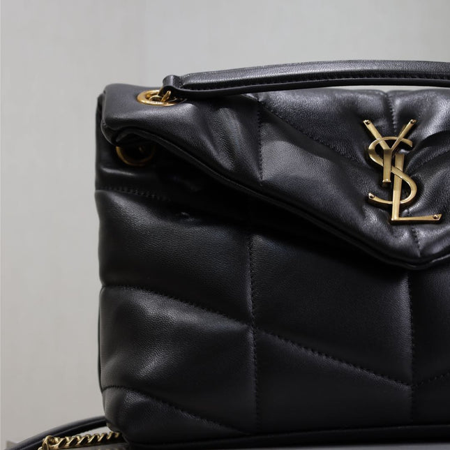 YSL 25S LOULOU PUFFER MM 29 IN BLACK CALFSKIN GOLD HARDWRE