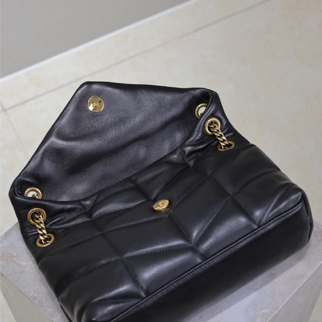 YSL 25S LOULOU PUFFER MM 29 IN BLACK CALFSKIN GOLD HARDWRE