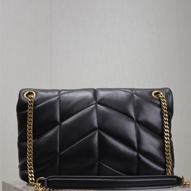 YSL 25S LOULOU PUFFER MM 29 IN BLACK CALFSKIN GOLD HARDWRE