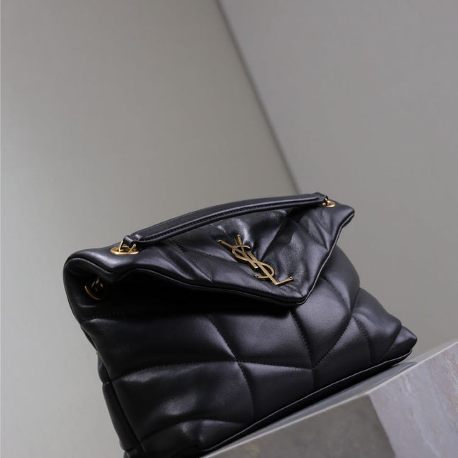 YSL 25S LOULOU PUFFER MM 29 IN BLACK CALFSKIN GOLD HARDWRE