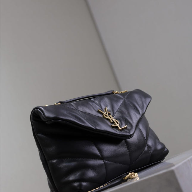 YSL 25S LOULOU PUFFER MINI 23 IN BLACK CALFSKIN GOLD HARDWRE