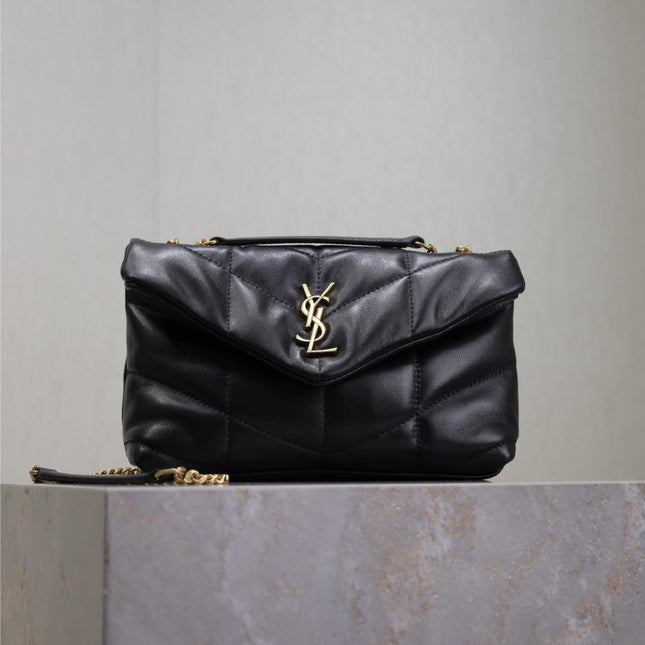 YSL 25S LOULOU PUFFER MINI 23 IN BLACK CALFSKIN GOLD HARDWRE
