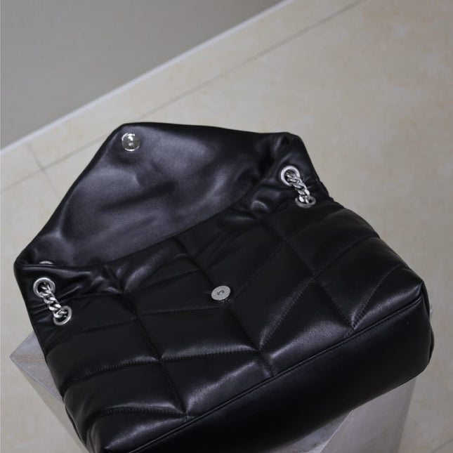 YSL 25S LOULOU PUFFER GM 35 IN BLACK CALFSKIN SILVER HARDWRE