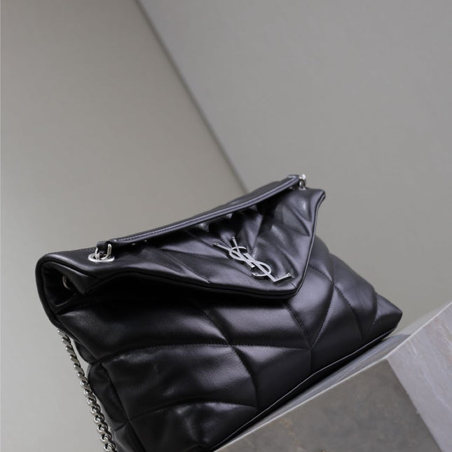 YSL 25S LOULOU PUFFER GM 35 IN BLACK CALFSKIN SILVER HARDWRE