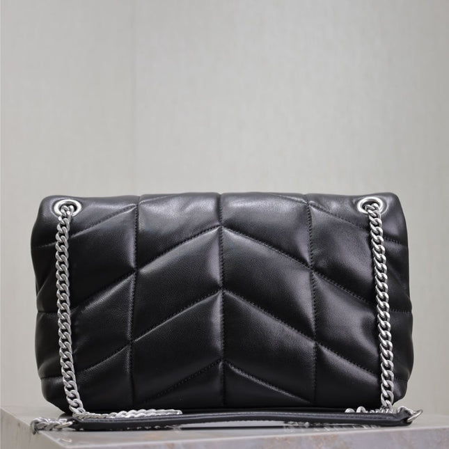 YSL 25S LOULOU PUFFER MM 29 IN BLACK CALFSKIN SILVER HARDWRE