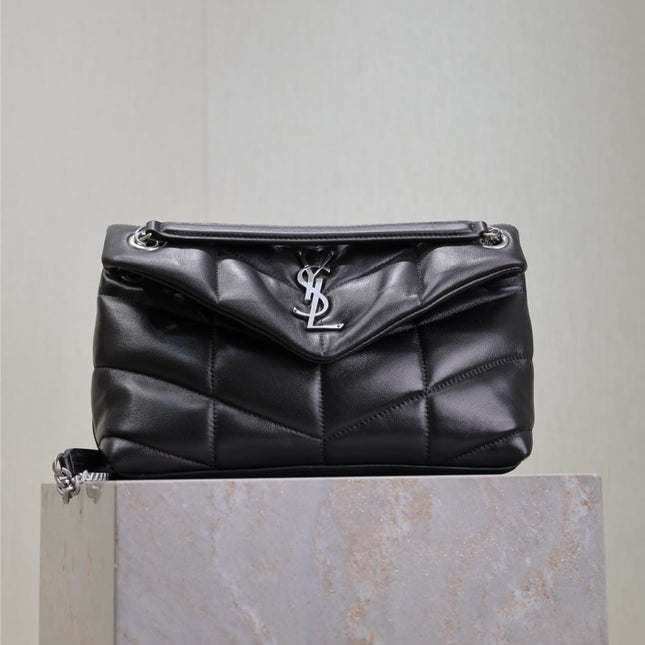 YSL 25S LOULOU PUFFER MM 29 IN BLACK CALFSKIN SILVER HARDWRE