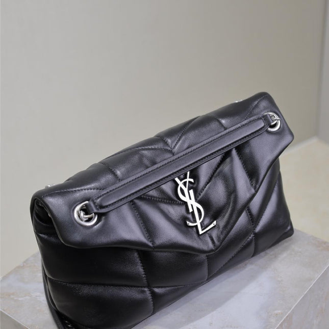 YSL 25S LOULOU PUFFER MM 29 IN BLACK CALFSKIN SILVER HARDWRE