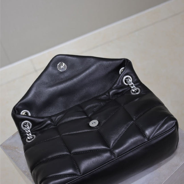 YSL 25S LOULOU PUFFER MM 29 IN BLACK CALFSKIN SILVER HARDWRE