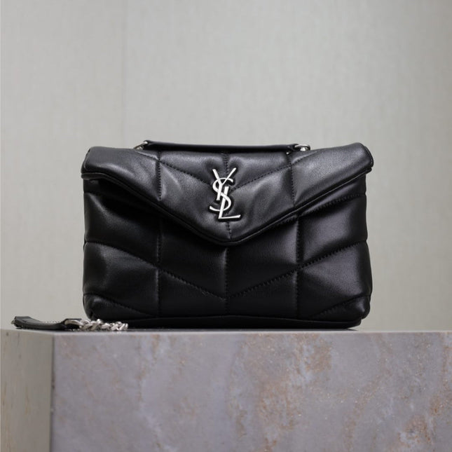 YSL 25S LOULOU PUFFER MINI 23 IN BLACK CALFSKIN SILVER HARDWRE
