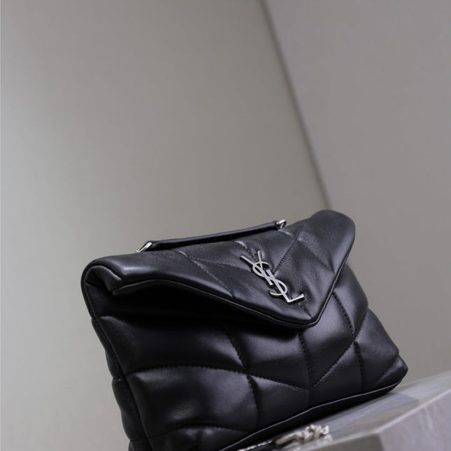 YSL 25S LOULOU PUFFER MINI 23 IN BLACK CALFSKIN SILVER HARDWRE