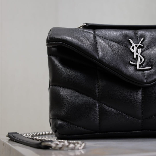YSL 25S LOULOU PUFFER MINI 23 IN BLACK CALFSKIN SILVER HARDWRE