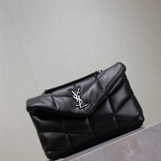 YSL 25S LOULOU PUFFER MINI 23 IN BLACK CALFSKIN SILVER HARDWRE