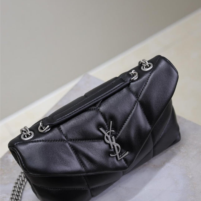 YSL 25S LOULOU PUFFER MINI 23 IN BLACK CALFSKIN SILVER HARDWRE