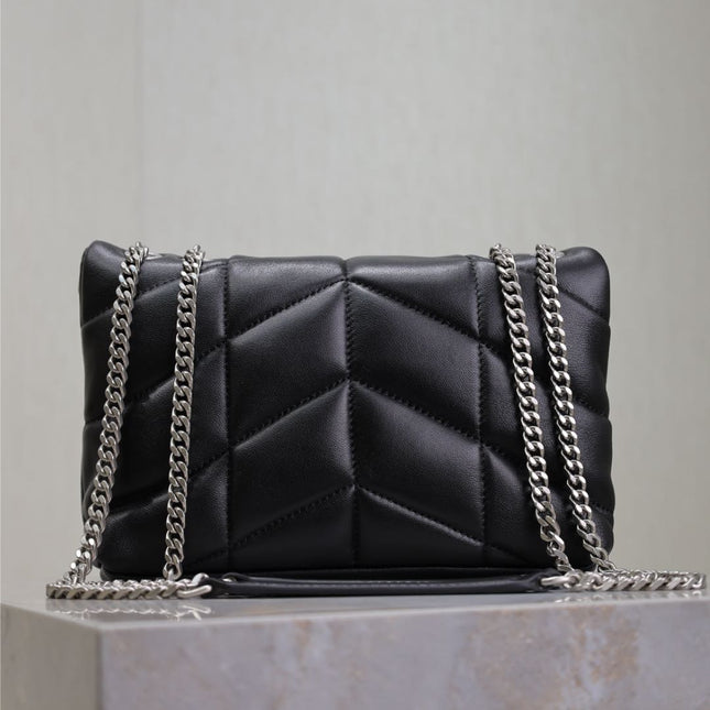 YSL 25S LOULOU PUFFER MINI 23 IN BLACK CALFSKIN SILVER HARDWRE