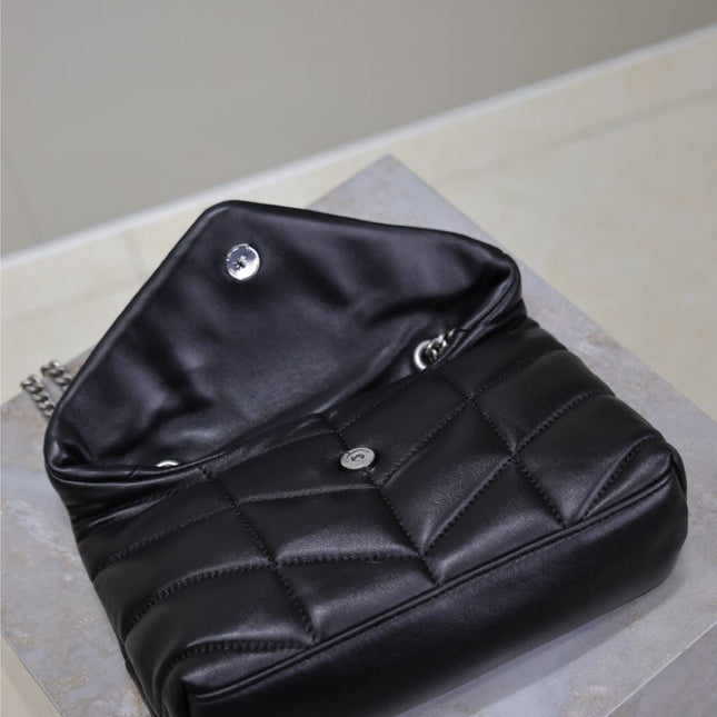 YSL 25S LOULOU PUFFER MINI 23 IN BLACK CALFSKIN SILVER HARDWRE