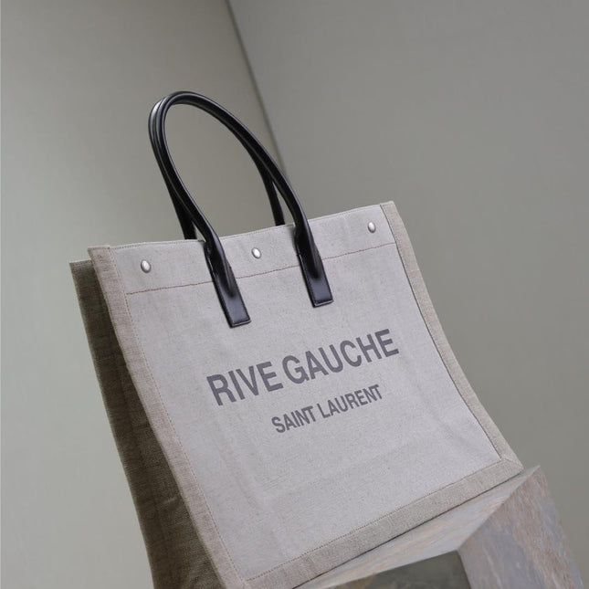 YSL 25S RIVE GAUCHE TOTE BAG 48 IN DUSTY GRAY CANVAS