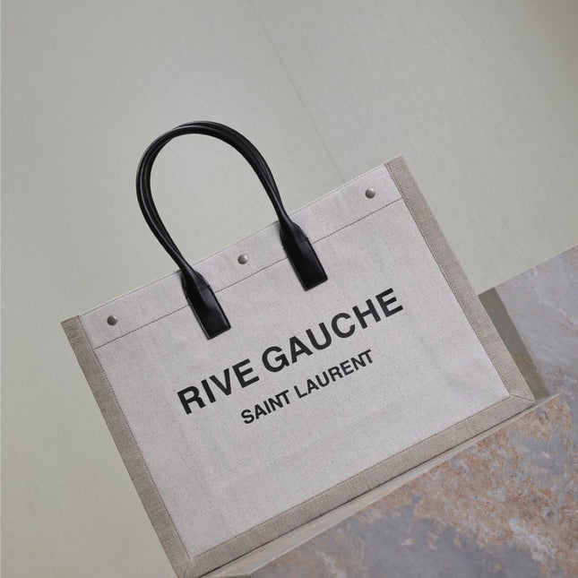 YSL 25S RIVE GAUCHE TOTE BAG 48 IN DUSTY GRAY CANVAS