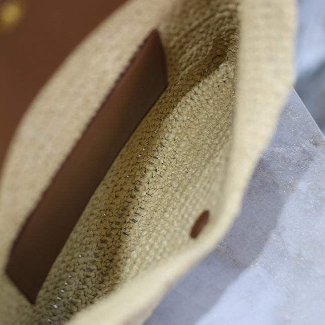 YSL 25S CASSANDRE LARGE ENVELOPE POUCH 29 IN NATURAL RAFFIA GOLD HARDWRE