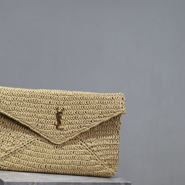YSL 25S CASSANDRE LARGE ENVELOPE POUCH 29 IN NATURAL RAFFIA GOLD HARDWRE