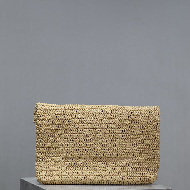 YSL 25S CASSANDRE LARGE ENVELOPE POUCH 29 IN NATURAL RAFFIA GOLD HARDWRE