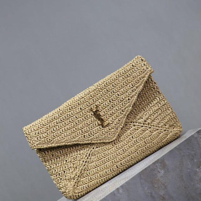 YSL 25S CASSANDRE LARGE ENVELOPE POUCH 29 IN NATURAL RAFFIA GOLD HARDWRE