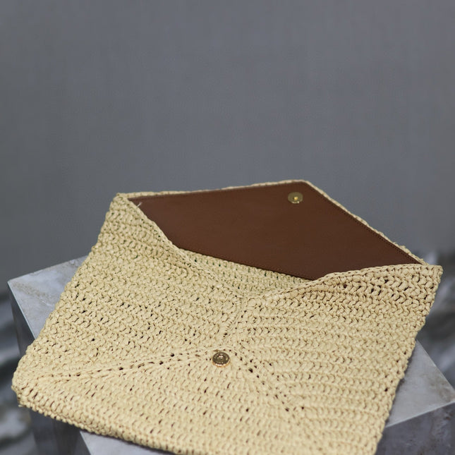 YSL 25S CASSANDRE LARGE ENVELOPE POUCH 29 IN NATURAL RAFFIA GOLD HARDWRE