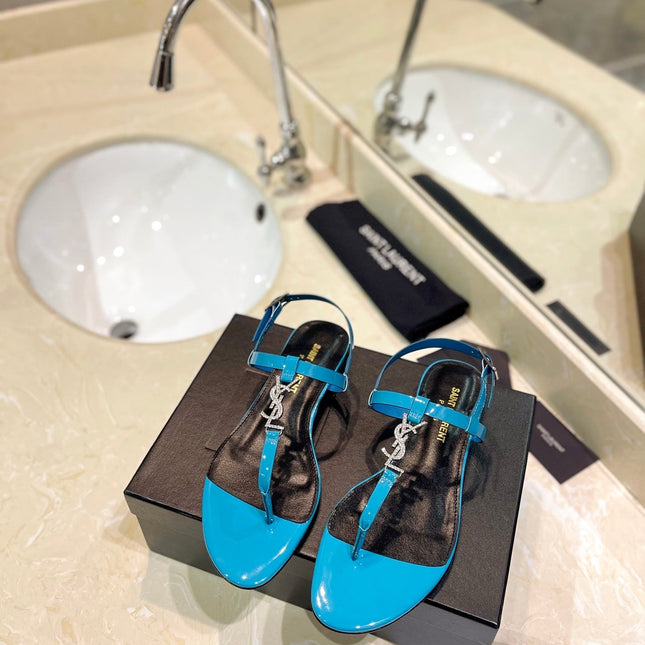 SL CASSANDRA SANDALS CERULEAN POLISHED CALFSKIN