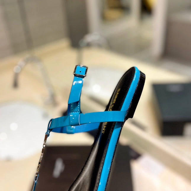 SL CASSANDRA SANDALS CERULEAN POLISHED CALFSKIN