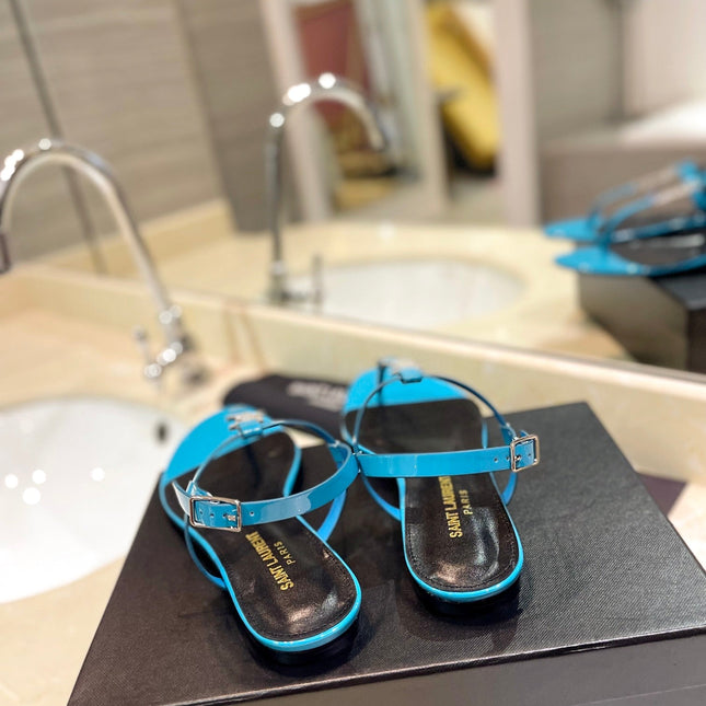 SL CASSANDRA SANDALS CERULEAN POLISHED CALFSKIN