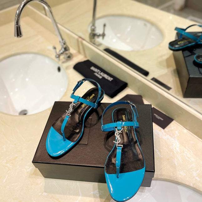 SL CASSANDRA SANDALS CERULEAN POLISHED CALFSKIN
