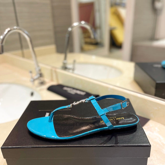 SL CASSANDRA SANDALS CERULEAN POLISHED CALFSKIN