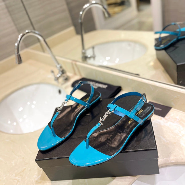 SL CASSANDRA SANDALS CERULEAN POLISHED CALFSKIN