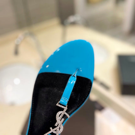 SL CASSANDRA SANDALS CERULEAN POLISHED CALFSKIN