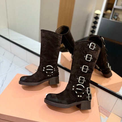 THICK-SOLED BUCKLE BOOTS IN BLACK SUEDE