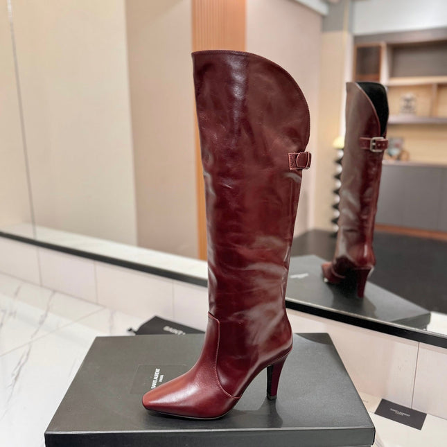 CLASSIC HIGH KNEE BOOTS IN BURGUNDY RED CALFSKIN