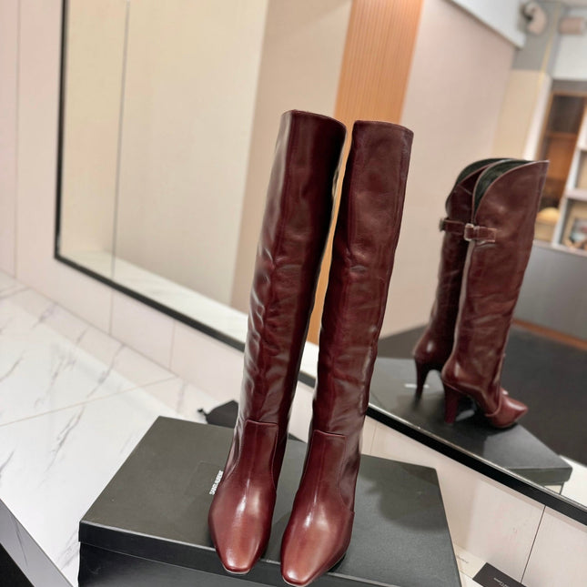 CLASSIC HIGH KNEE BOOTS IN BURGUNDY RED CALFSKIN