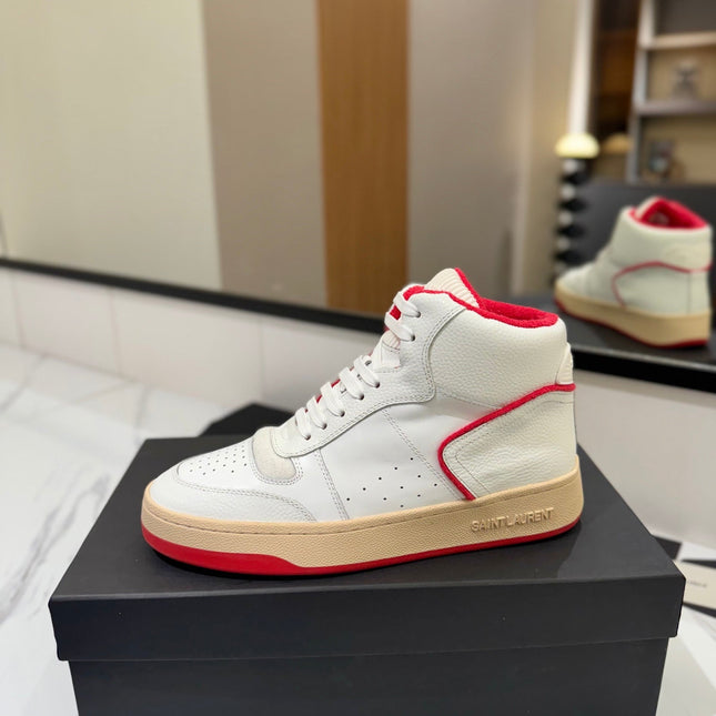 MID-TOP SNEAKERS IN WHITE AND RED TRIM PERFORATED LAMBSKIN