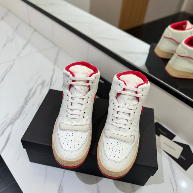 MID-TOP SNEAKERS IN WHITE AND RED TRIM PERFORATED LAMBSKIN