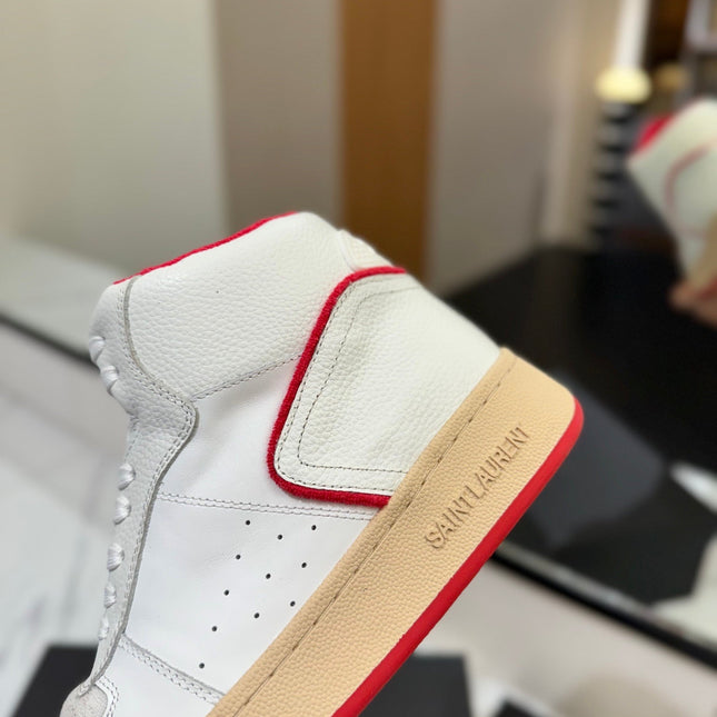 MID-TOP SNEAKERS IN WHITE AND RED TRIM PERFORATED LAMBSKIN